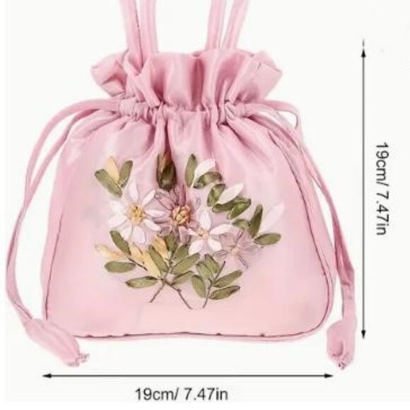 RIBBON EMBROIDERED SATIN DRAWSTRING BAG in Teal - Picture 2 of 2